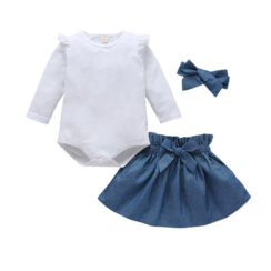 Butterfly Shoulders Solid Onesie Long Sleeve & Ribbon Ruffled Skirt with Headband for Girls