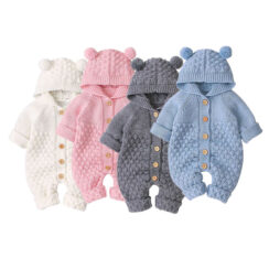 Button Knitted Romper Outerwear with Hat & Ears Long Sleeve