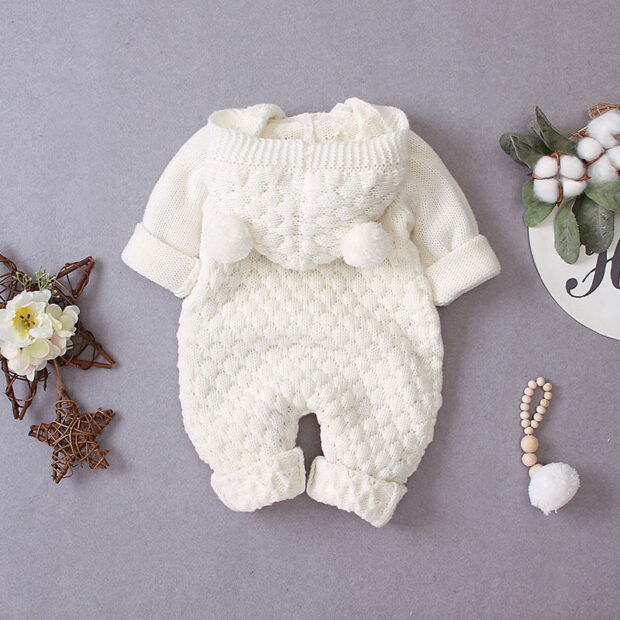 Button Knitted Romper Outerwear with Hat & Ears Long Sleeve - Image 2