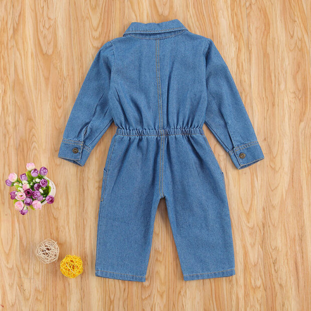 Button Up Cinched Waist Denim Romper Long Sleeve - Image 2
