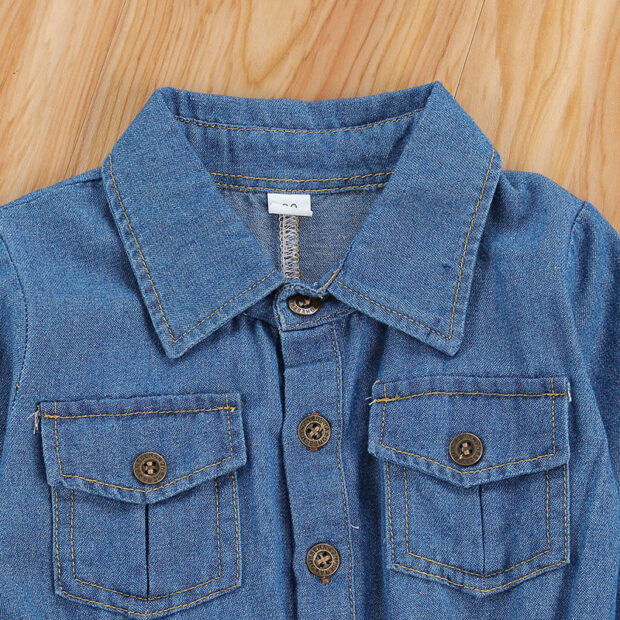 Button Up Cinched Waist Denim Romper Long Sleeve - Image 3
