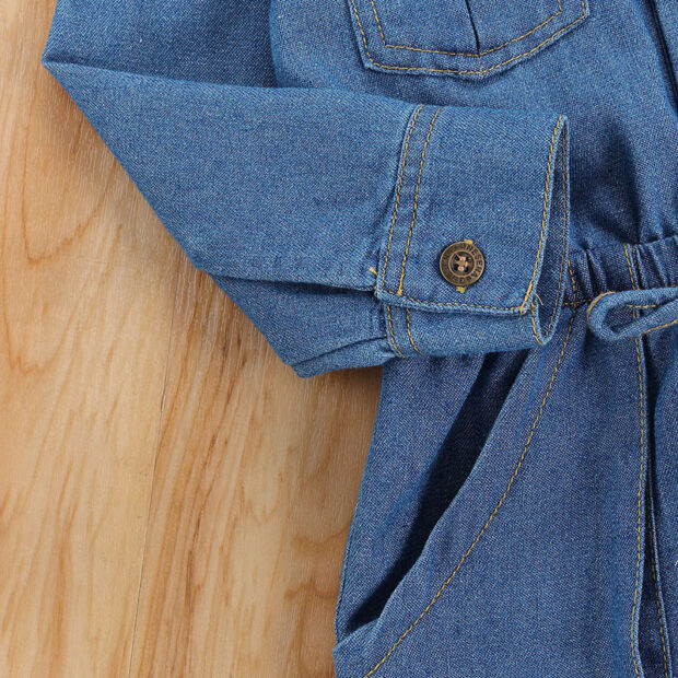 Button Up Cinched Waist Denim Romper Long Sleeve - Image 4