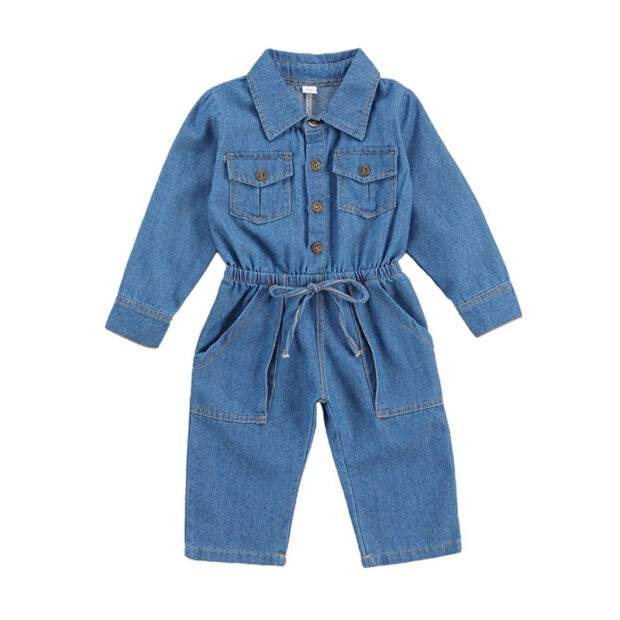 Button Up Cinched Waist Denim Romper Long Sleeve
