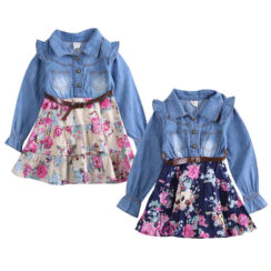 Button Up Flower Pattern Denim Dress Long Sleeve with Belt