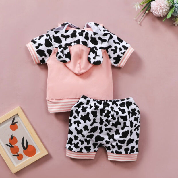 Baby Calf Pattern Hoodie with Ears & Matching Shorts Short Sleeve Outfit - Image 2