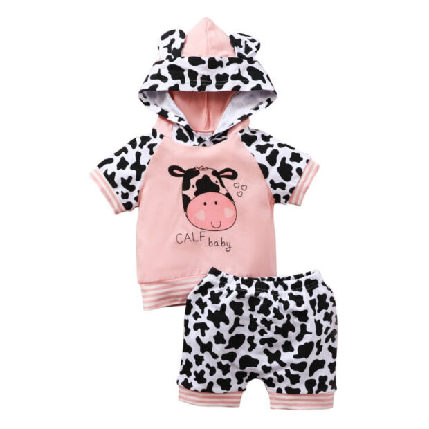 Baby Calf Pattern Hoodie with Ears & Matching Shorts Short Sleeve Outfit