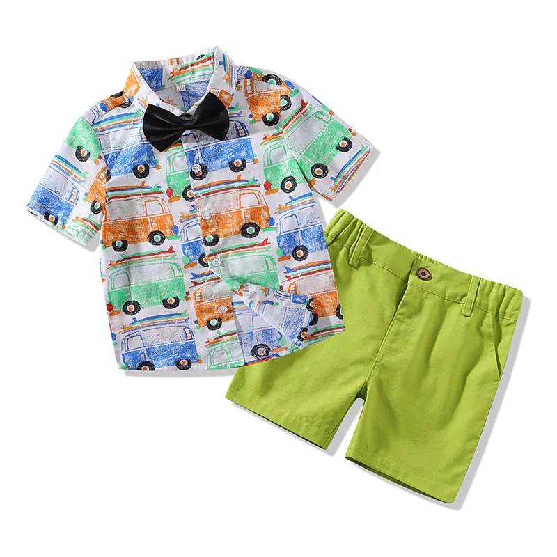 Baby Boy Bow Tie Button Shirt Car Print Short Sleeve, Shorts 3 pcs Outfit