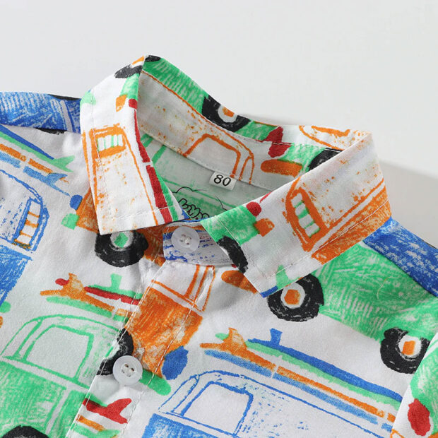Baby Boy Bow Tie Button Shirt Car Print Short Sleeve, Shorts 3 pcs Outfit - Image 2