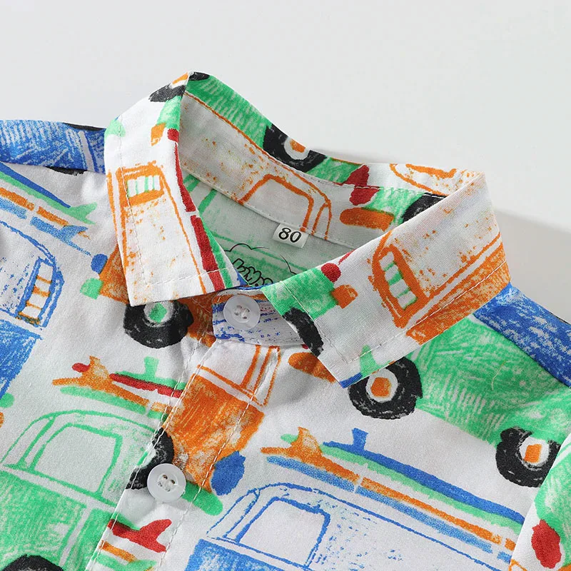 Baby Boy Bow Tie Button Shirt Car Print Short Sleeve, Shorts 3 pcs Outfit - Image 2