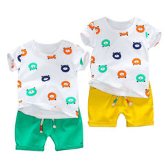 Cartoon Bear Print T-Shirt & Elastic Drawstring Shorts Short Sleeve Outfit