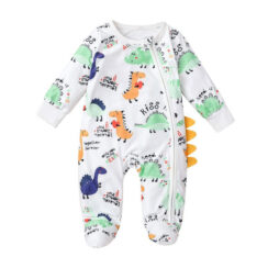 Cartoon Dinosaur Print Footie Pajamas Long Sleeve Zip Up Romper