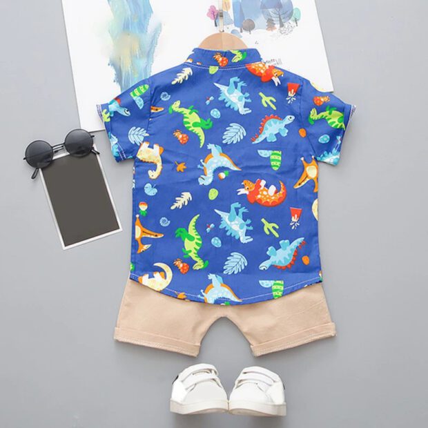 Baby Cartoon Dinosaur Print Mandarin Collar Shirt & Shorts Set