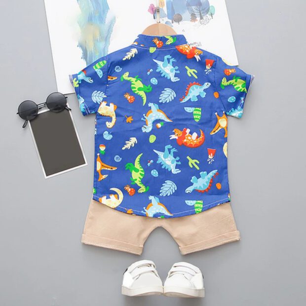 Cartoon Dinosaur Print Mandarin Collar Shirt & Elastic Shorts Short Sleeve Outfit - Image 4