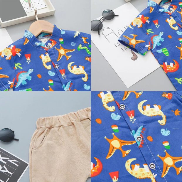 Baby Cartoon Dinosaur Print Mandarin Collar Shirt & Shorts Set