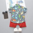 Baby Cartoon Dinosaur Print Mandarin Collar Shirt & Shorts Set