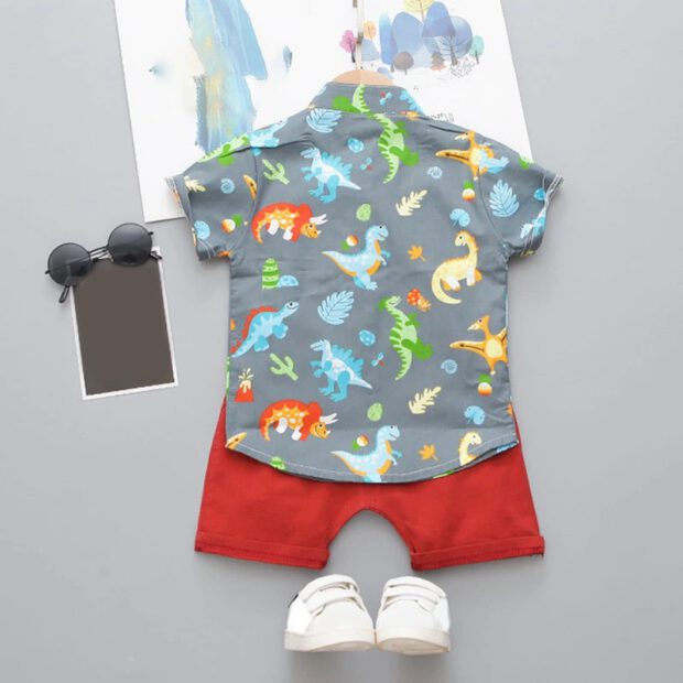 Cartoon Dinosaur Print Mandarin Collar Shirt & Elastic Shorts Short Sleeve Outfit - Image 2