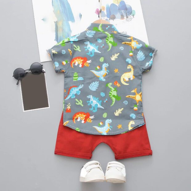 Baby Cartoon Dinosaur Print Mandarin Collar Shirt & Shorts Set