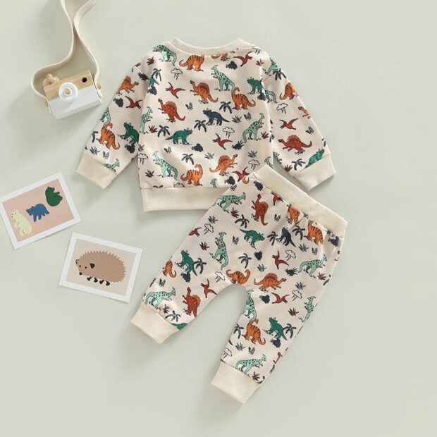 Cartoon Dinosaur Print Pullover Sweatshirt & Matching Pattern Pants Long Sleeve Outfit - Image 2