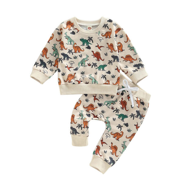 Cartoon Dinosaur Print Pullover Sweatshirt & Matching Pattern Pants Long Sleeve Outfit