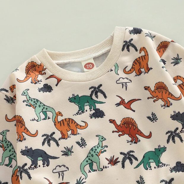 Cartoon Dinosaur Print Pullover Sweatshirt & Matching Pattern Pants Long Sleeve Outfit - Image 3