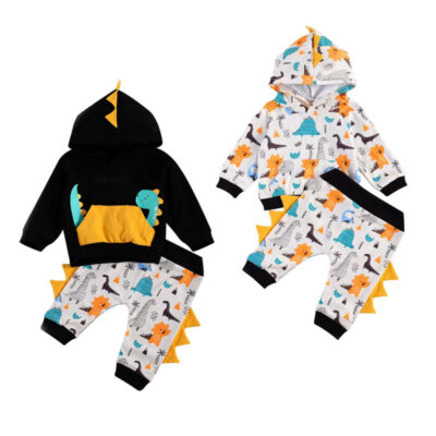 Cartoon Dinosaur Print Tracksuit Hoodie & Pants with Scales Long Sleeve