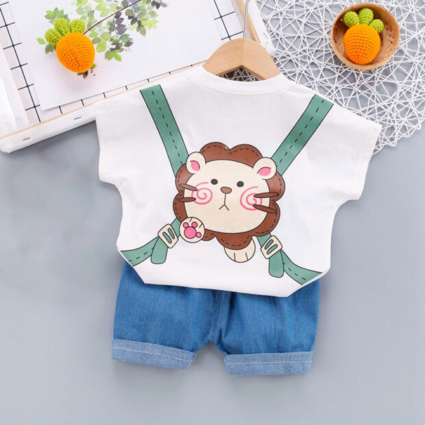 Cartoon Lion Print T-Shirt & Matching Denim Shorts Short Sleeve Outfit - Image 3