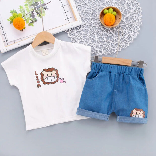 Cartoon Lion Print T-Shirt & Matching Denim Shorts Short Sleeve Outfit - Image 2