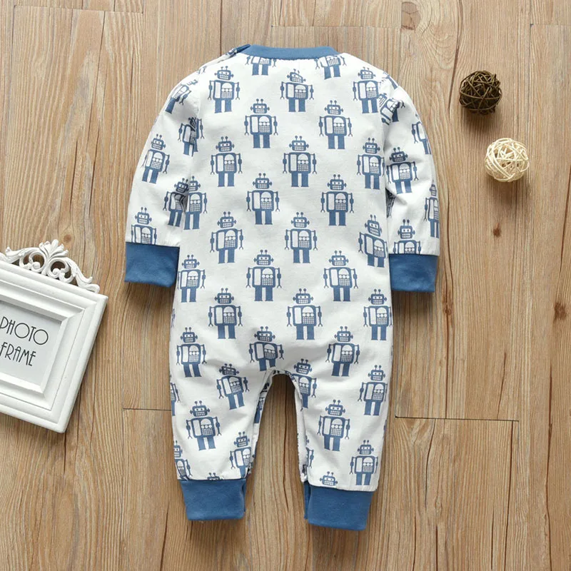Baby Cartoon Robot Print Sleepwear Snap On Jumpsuit Long Sleeve - Image 2