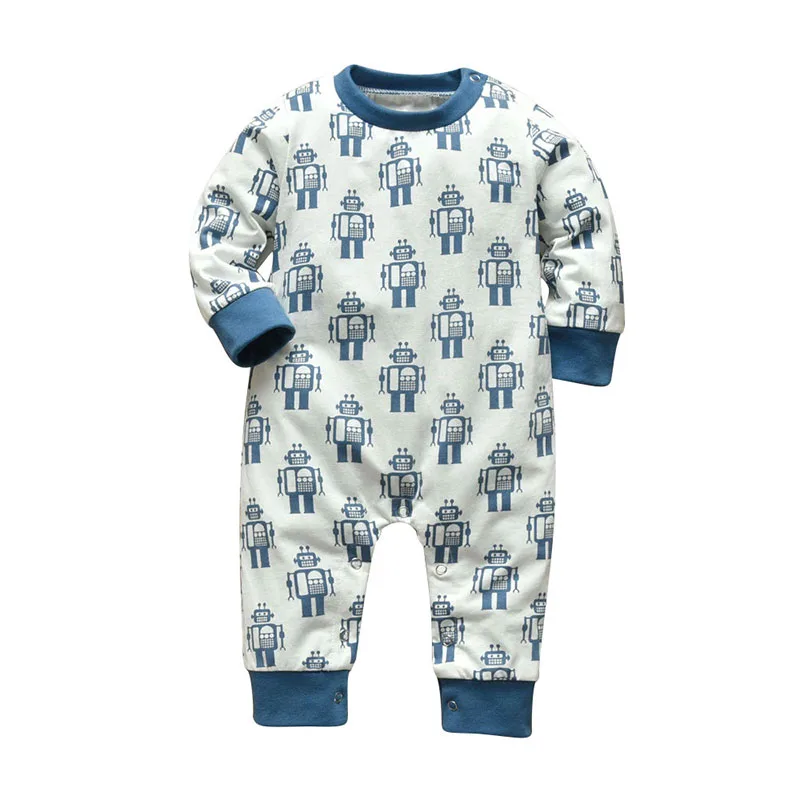 Baby Cartoon Robot Print Sleepwear Snap On Jumpsuit Long Sleeve