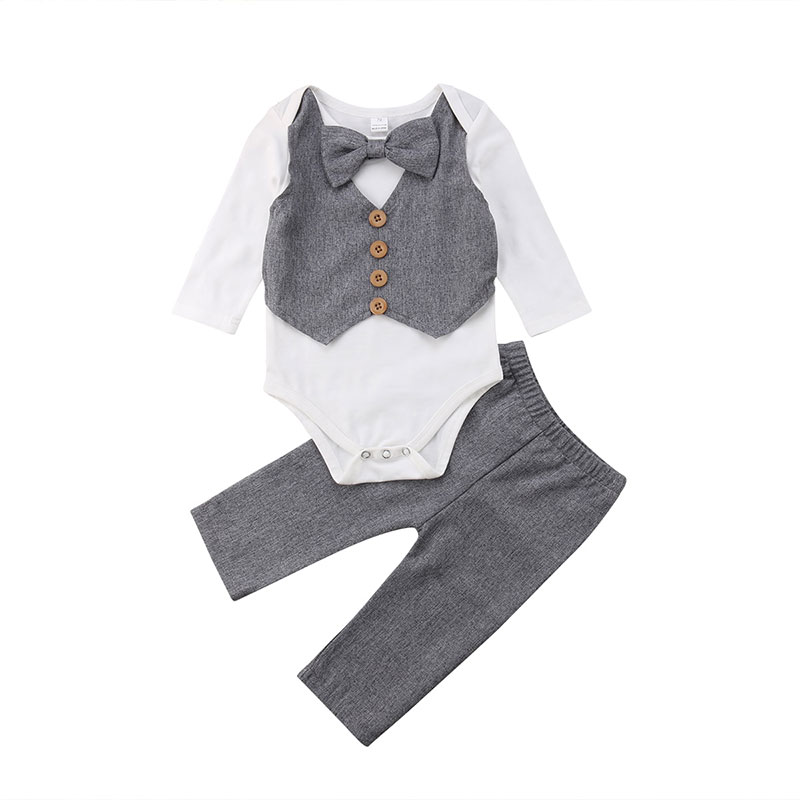 Baby Business Suit Bow Tie Polo Button Onesie Bodysuit & Suspender