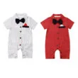Casual Suit Stripe Pattern Button Up Romper Long Sleeve with Bow Tie