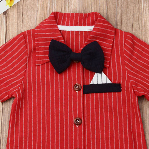 Casual Suit Stripe Pattern Button Up Romper Long Sleeve with Bow Tie - Image 3