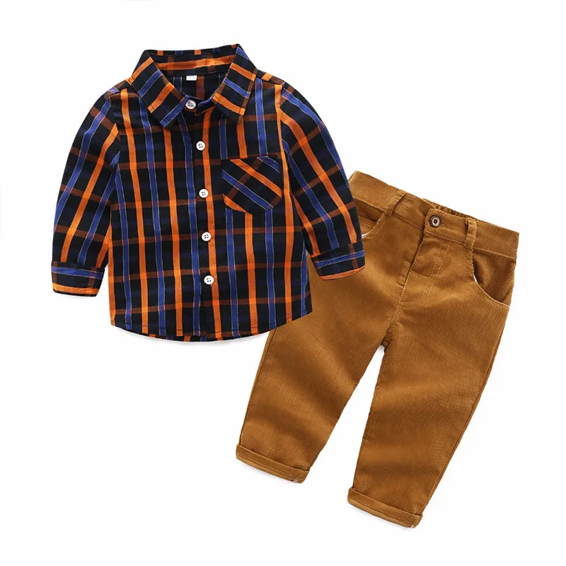 Baby Boy Check Pattern Button Up shirt & Corduroy Pants Long Sleeve 2 pcs Set