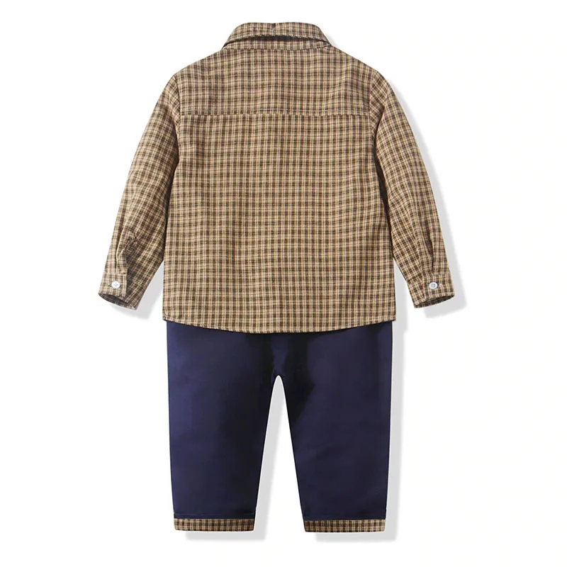 Baby Boy Check Pattern Shirt Button Up Long Sleeve & Pants with Bow Tie 3 pcs Set - Image 2
