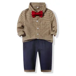 Baby Boy Check Pattern Shirt Button Up Long Sleeve & Pants with Bow Tie 3 pcs Set