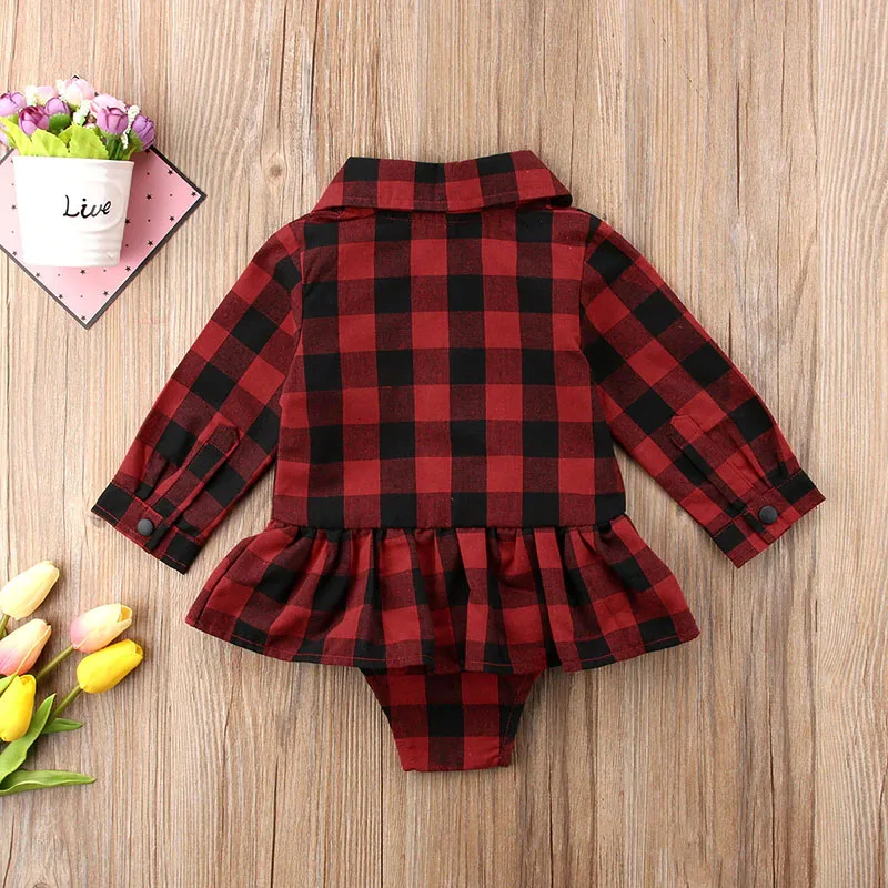 Baby Girl Check Pattern Button Up Shirt Dress with Folded Collar Long Sleeve - Image 2