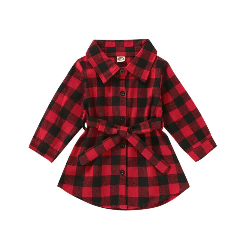 Baby Girl Check Pattern Button Up Shirt Dress Long Sleeve