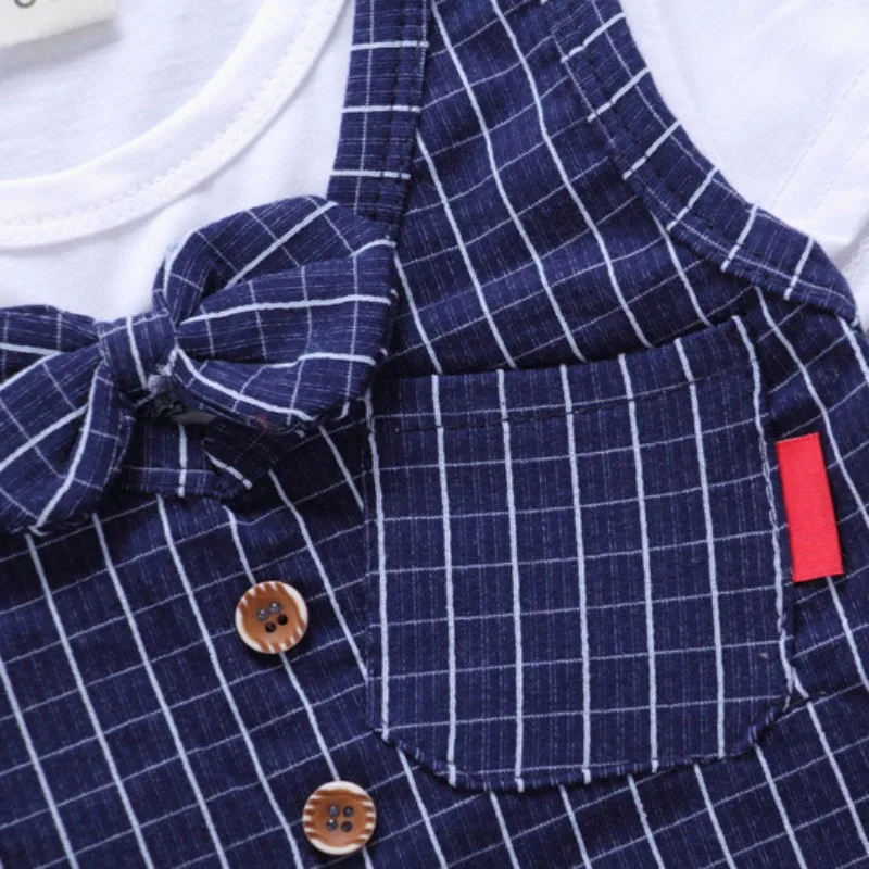 Check Pattern Vest Shirt One-Piece & Matching Shorts Short Sleeve with Bow Tie - Image 3