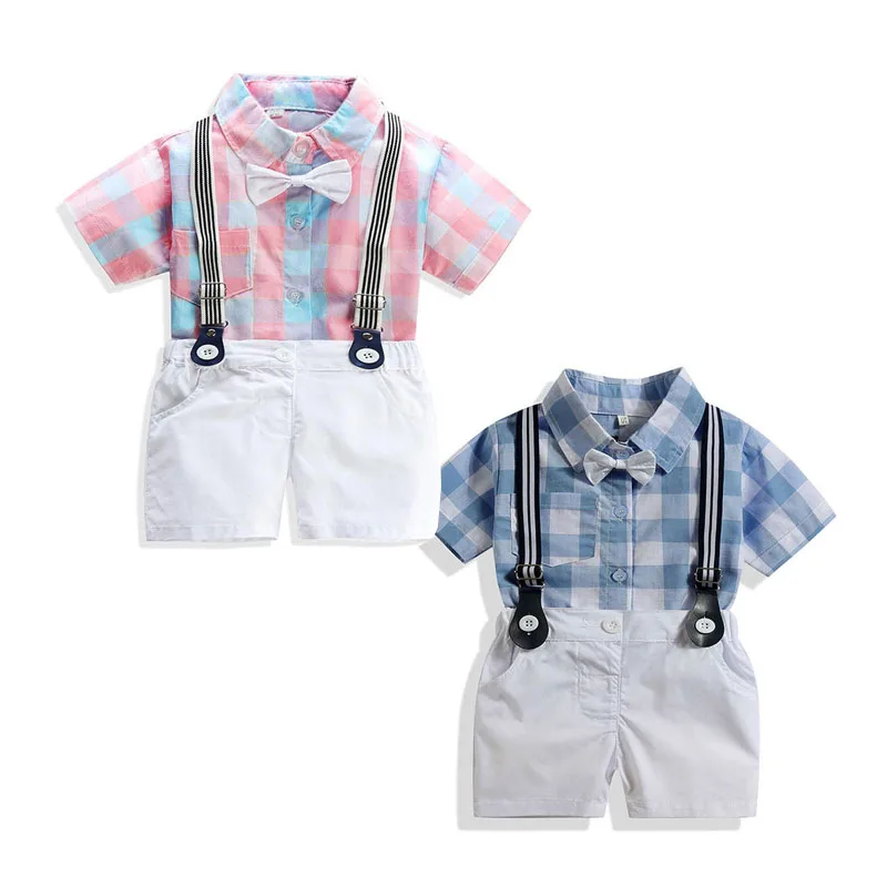 Baby Boy Bow Tie Checker Pattern Button Shirt, Shorts, Suspender Belt 4 pcs Outfit