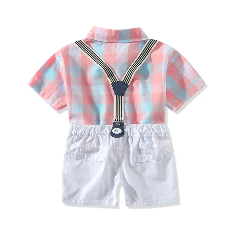 Baby Boy Bow Tie Checker Pattern Button Shirt, Shorts, Suspender Belt 4 pcs Outfit - Image 2
