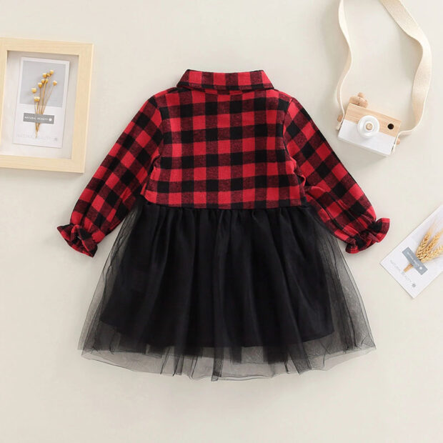 Baby Girl Checker Button Shirt Long Sleeve, Mesh Ruffle Skirt 2 pcs Outfit - Image 2