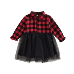 Baby Girl Checker Button Shirt Long Sleeve, Mesh Ruffle Skirt 2 pcs Outfit