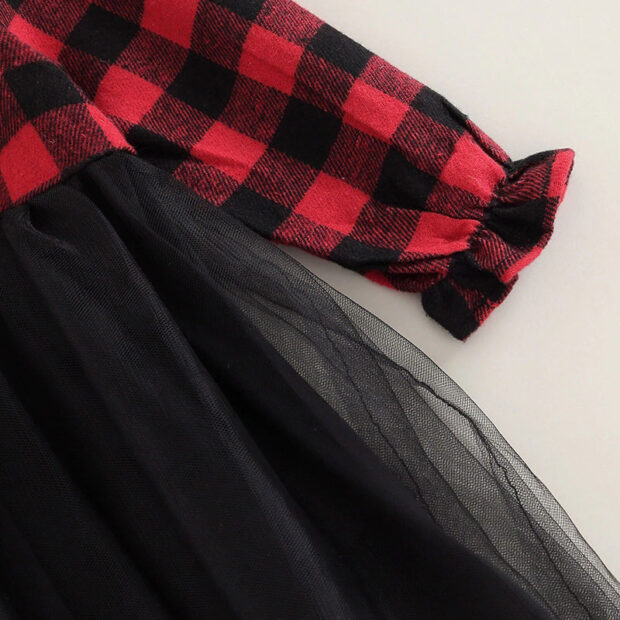 Baby Girl Checker Button Shirt Long Sleeve, Mesh Ruffle Skirt 2 pcs Outfit - Image 4