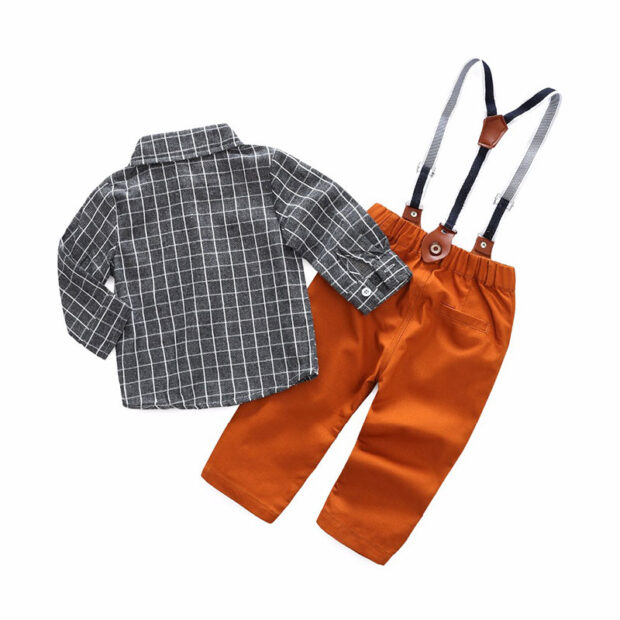 Baby Boy Checker Pattern Button Up Shirt & Suspenders Pants Long Sleeve 3 pcs Set - Image 2