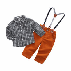 Baby Boy Checker Pattern Button Up Shirt & Suspenders Pants Long Sleeve 3 pcs Set
