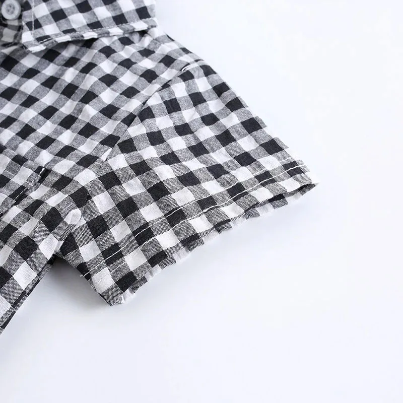 Checker Pattern Button Up Romper Short Sleeve - Image 2