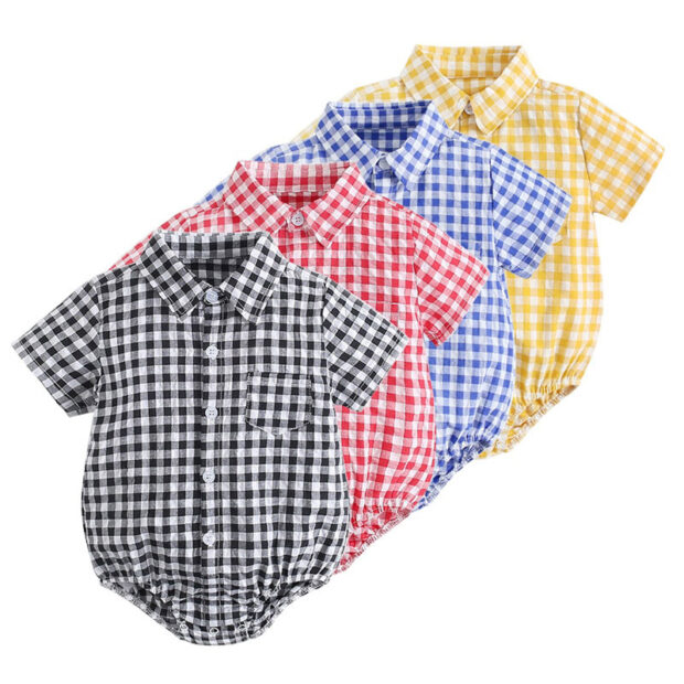 Checker Pattern Button Up Romper Short Sleeve