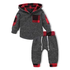 Baby Plaid Hoodie, Drawstring Track Pants Tracksuit Outfit for Boys & Girls