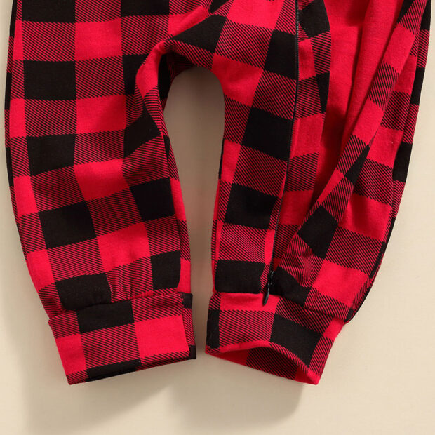 Checker Pattern Hooded Zipper Romper with Reindeer Antlers Long Sleeve - Image 5