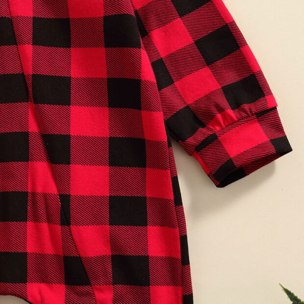 Checker Pattern Hooded Zipper Romper with Reindeer Antlers Long Sleeve - Image 4
